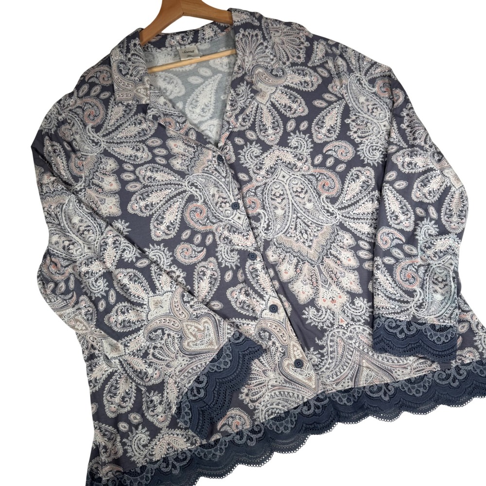Soma Pajama Top Long Sleeve Paisley Lace‎ Trim Button Front Plus Size XXL
